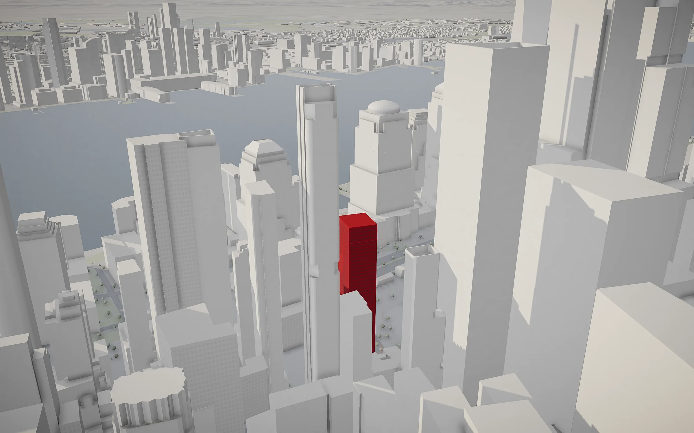 A sketch tower on the 5 WTC lot, in red, in Lower Manhattan